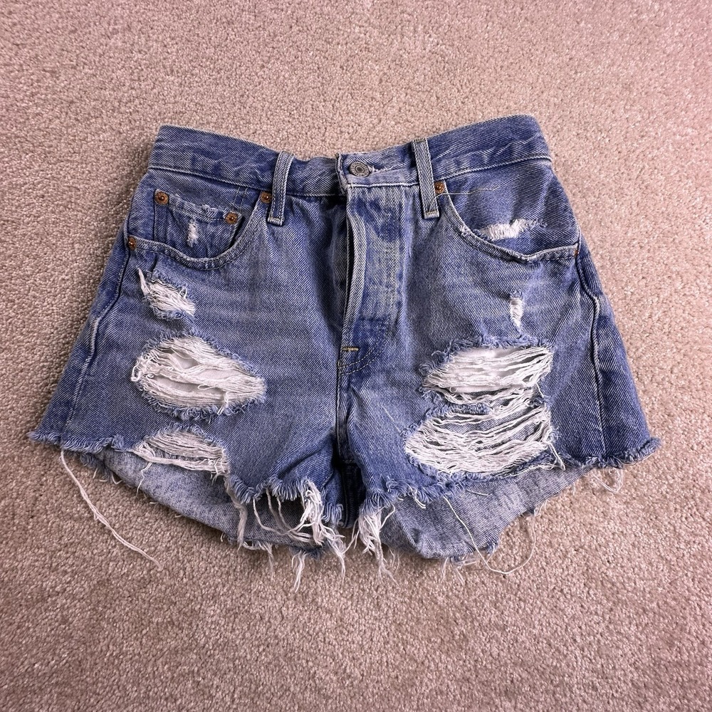 Levis 501 Shorts Womens 24 Blue Button Fly Denim Cut Off High Rise Distressed